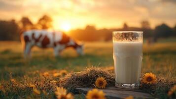 Sunset at a farm with a glass of milk and a grazing cow in the background among wildflowers photo
