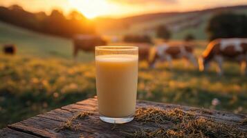 Fresh milk in a glass against a sunset backdrop on a farm with grazing cows in the background photo