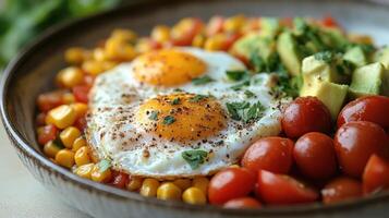 Breakfast bowl with fried eggs, cherry tomatoes, corn, and avocado on a wooden table in a cozy kitchen setting photo