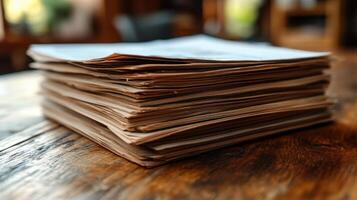Stacked papers on a wooden table in a cozy workspace showcasing a productive environment and warm ambiance photo