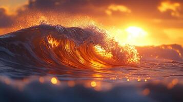 Waves crashing at sunset reflect golden hues over the ocean creating a breathtaking natural spectacle photo