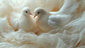 Two white doves resting together on soft, flowing fabric in a serene and gentle setting, capturing a moment of peace photo