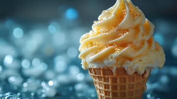 Soft serve ice cream cone with caramel drizzle on a bed of ice during a summer day photo