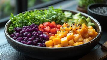 Colorful salad bowl with fresh vegetables and fruits enjoys sunlight indoors at a vibrant cafe photo