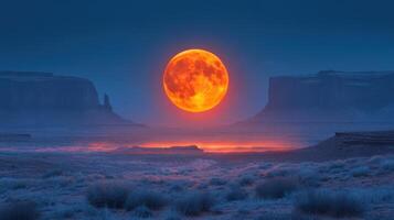 Vibrant full moon rises over Monument Valley during twilight hours illuminating the serene desert landscape photo