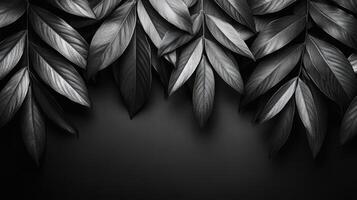 Dark green leaves create a striking contrast against a smooth black background in a minimalist design photo