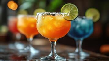 Colorful cocktails with garnishes ready for summer enjoyment at a lively bar photo