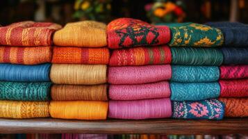 Vibrant collection of handwoven textiles displayed in a craft market during daylight photo
