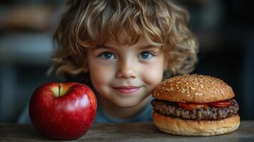 Child enjoying a healthy apple next to a tasty burger in an inviting indoor setting during the afternoon photo