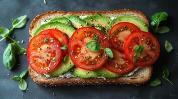Fresh avocado and tomato toast with herbs on whole grain bread served on dark background photo
