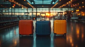 Colorful suitcases at airport terminal during sunset creating a vibrant travel atmosphere photo