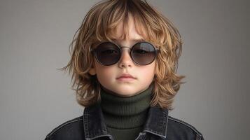 Child poses confidently in stylish oversized sunglasses and casual attire against a plain background photo