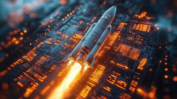 Rocket launches into space over a futuristic cityscape at night with glowing lights photo