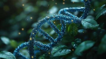 Captivating blue DNA strand surrounded by lush green foliage in a serene environment at dusk photo