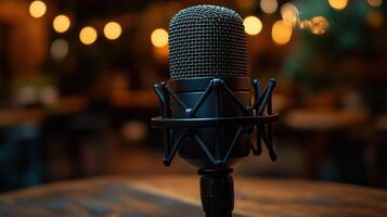 Microphone set in a cozy venue, capturing live performances during an evening event with warm lighting photo