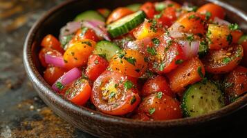 Fresh vegetable salad with cherry tomatoes, cucumbers, and onions garnished with herbs on a rustic table photo