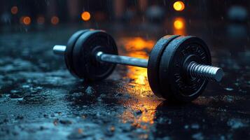Dumbbell resting on wet ground during rain with blurred lights in the background photo