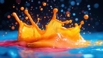 Colorful paint splash creating dynamic patterns on a vibrant backdrop in a creative setting photo