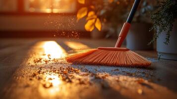 Sweeping golden sunlight illuminates a wooden floor covered in dust and debris during late afternoon cleaning photo