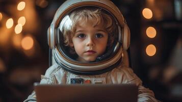 Young child in an astronaut suit uses a laptop, surrounded by warm lights in a cozy interior setting photo