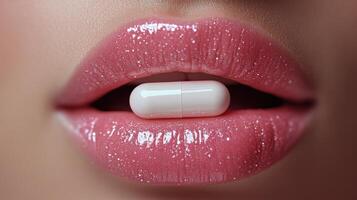 Close-up view of glossy lips holding a white capsule in a beauty and wellness context photo