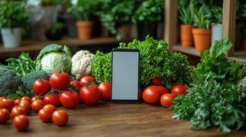 Fresh vegetables and smartphone on wooden table in a cozy indoor garden setting photo