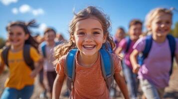Children joyfully running outdoors with backpacks on a sunny day in a natural setting photo