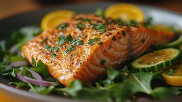 Grilled salmon served on a bed of fresh greens with sliced lemon and cucumber during a summer meal photo