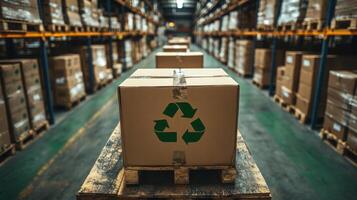 Eco-friendly packaging in a warehouse indicating sustainable practices and efficient logistics management photo