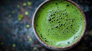 Green drink in a rustic bowl showcasing rich texture and color, highlighting natural ingredients and freshness in a cozy setting photo