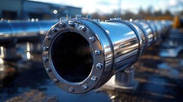Industrial metal pipe installation at a construction site during daytime with reflections from sunlight photo