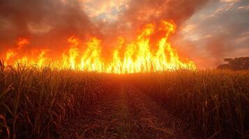 Vibrant flames engulf a cornfield at sunset during a controlled burn in rural farmland photo
