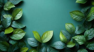 Lush green leaves forming a natural border on a vibrant turquoise background photo