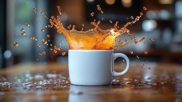 Coffee splash in a white mug on wooden surface with blurred background during morning time photo