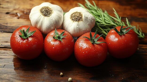 Fresh tomatoes and garlic with rosemary displayed on a wooden surface in a kitchen setting photo
