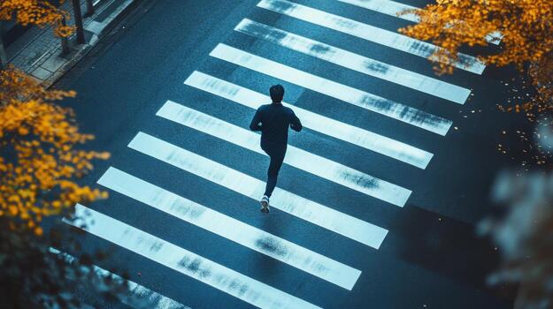 Running on a wet crosswalk surrounded by autumn foliage in a bustling urban area during twilight photo