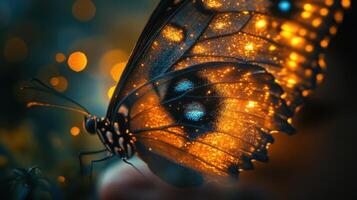Vibrant butterfly with glowing wings amidst soft bokeh lights in a garden at dusk photo