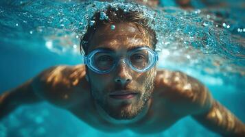 Man swims underwater wearing goggles in a clear pool on a sunny day enjoying the refreshing water and vibrant surroundings photo