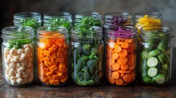 Colorful jars filled with fresh vegetables arranged neatly on a countertop in a kitchen setting photo