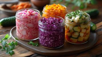 Colorful jars of fresh pickled vegetables arranged on a wooden platter in a rustic kitchen setting photo