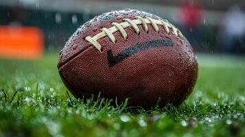 Raindrops on a football resting on the grass during a rainy game in an outdoor stadium photo