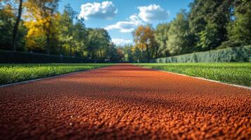 Bright running track stretches into a lush park under a blue sky with scattered clouds during early afternoon photo