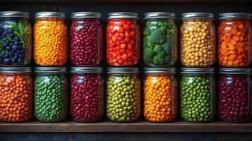 Colorful jars of preserved vegetables and fruits arranged neatly on a wooden shelf in a rustic setting photo