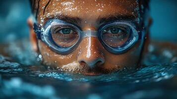 Swimmer focusing on technique while submerged in water during training session at indoor pool photo