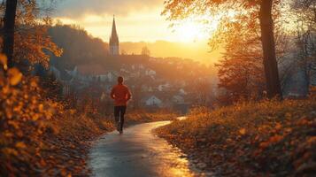 Sunrise jogger along a winding path in an autumn landscape near a village with a church steeple photo