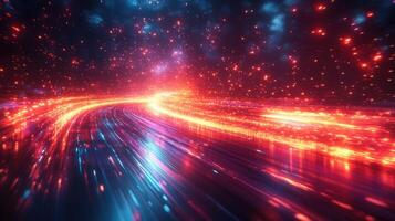 Vibrant light trails create a surreal cosmic pathway through a star-filled universe at night photo