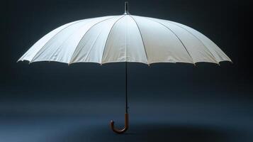 Large white umbrella with wooden handle displayed against a dark background creating a modern minimalist aesthetic photo