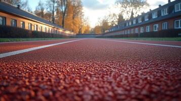 Running track at sunset with residential buildings in the background and autumn foliage lining the pathway photo