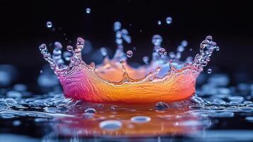 Colorful water splash creates vibrant crown shape in a dark environment during a creative photography session photo