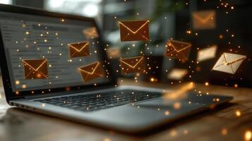 Creative digital representation of emails flying from a laptop during a busy workday at home photo